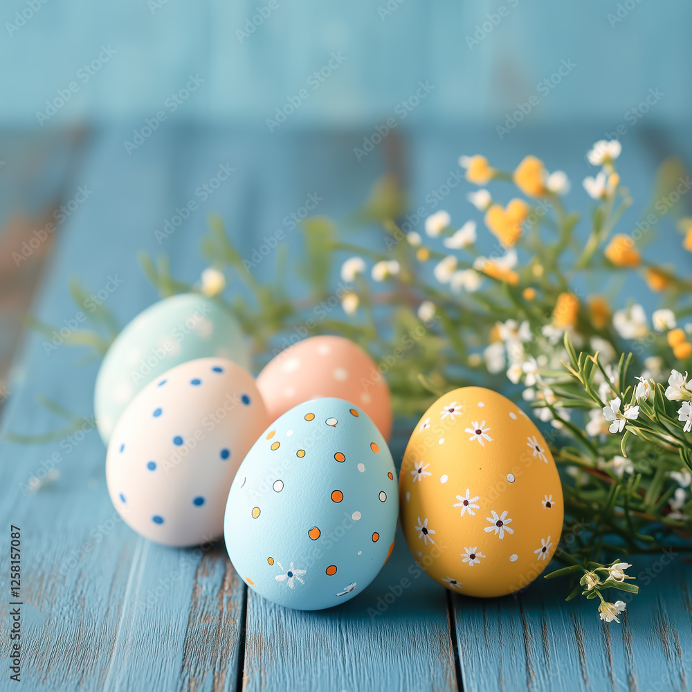 Fototapeta premium Overhead view to the colourful eggs surrounded by blooming daisies lying on the blue table. Easter concept.