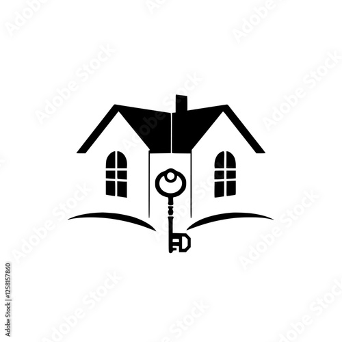 Real Estate house logo with a key, black and white.