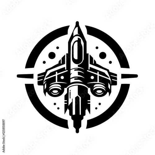 Obraz na plátně Black and white sci-fi spaceship insignia in a stylized circle