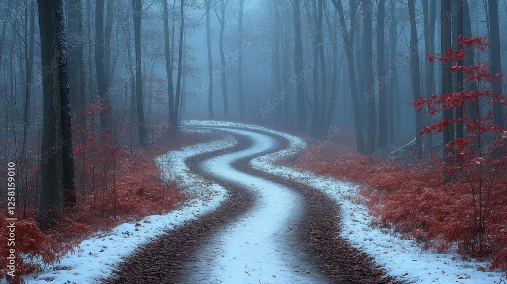 Fototapeta premium Serene winding path through a foggy forest with snow and vibrant red foliage in winter