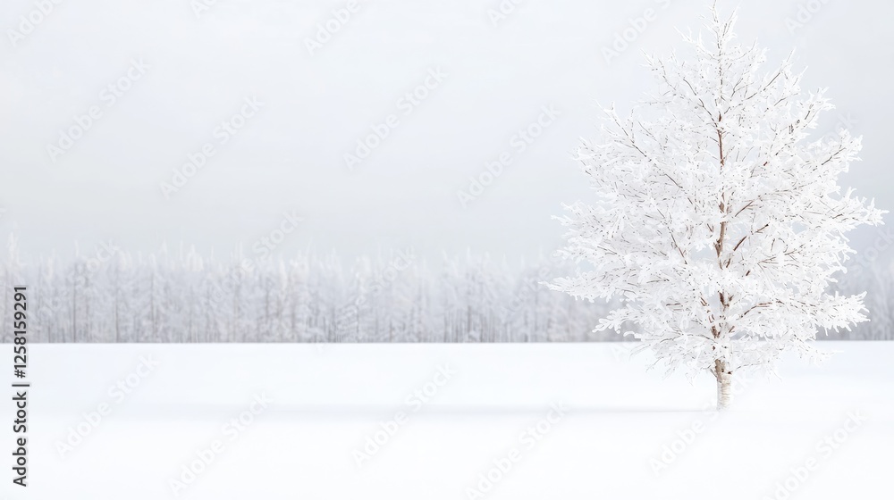 Snowy landscape frost-covered tree in winter field