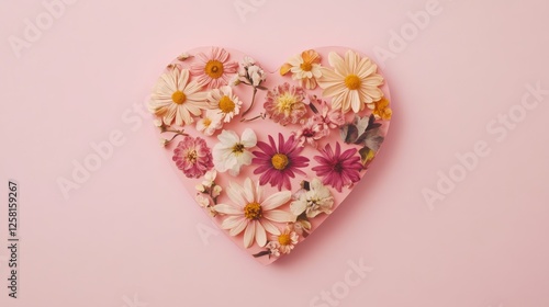 A pink heart-shaped card with various flowers on it, placed in the center of an empty space against a pastel background. The design is minimalistic and elegant, perfect for expressing love or affectio photo