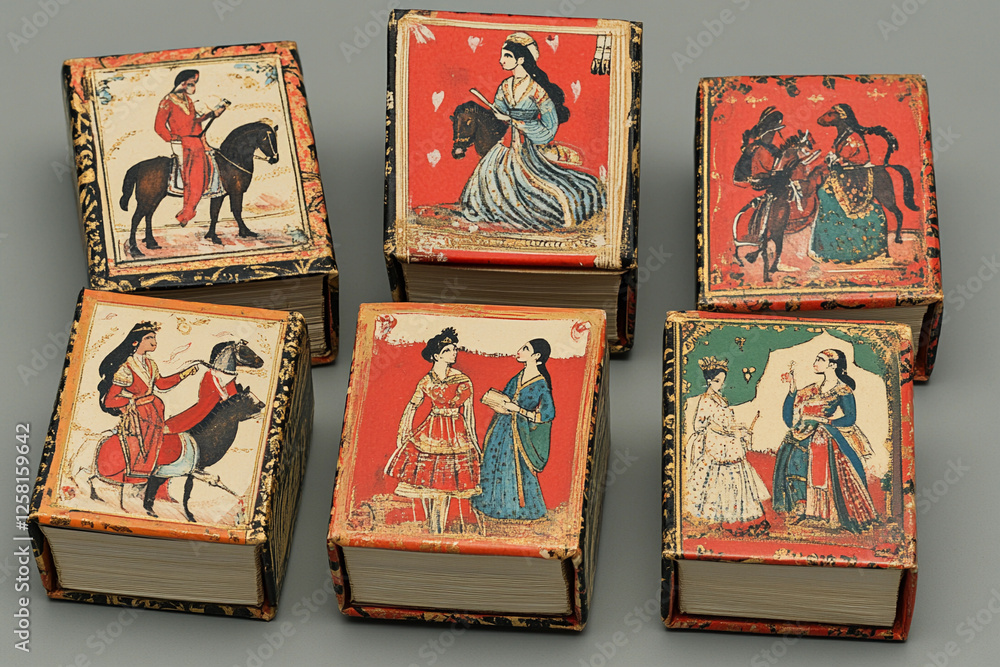 Obraz premium Finished product boxes featuring beautiful illustrations of books with historical figures in vibrant colors