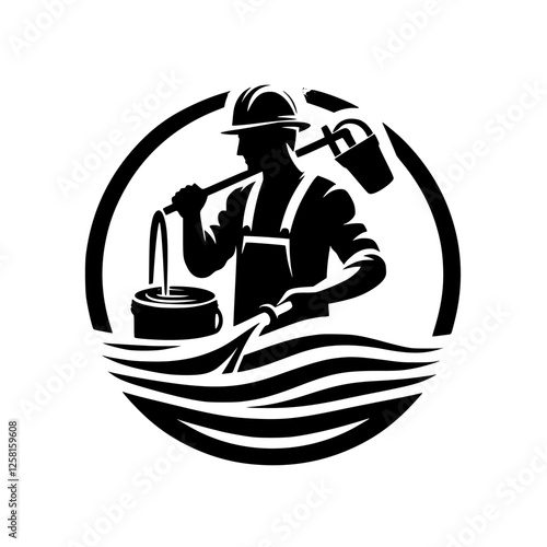 Silhouette of a construction worker pouring liquid into a bucket, set within a circular frame with a water pattern.