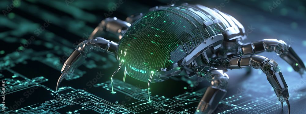 cybersecurity threats , hyper-modern AI computer chip, with a menacing bug or virus crawling across its surface. cybersecurity threats , hyper-modern AI computer chip, with a menacing bug or virus crawling across its surface.