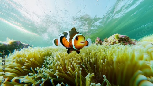 Clown Fish playfully swimming in its signature anemone home, its distinctive orange, white, and black coloration popping against the soft green hues photo