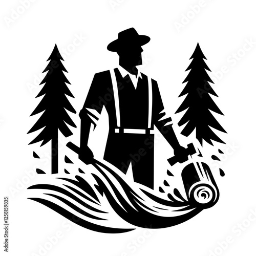 Logger Silhouetted: Black and White Vector Artwork Depicting a Forester with Paint Roller and Trees