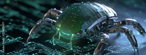 cybersecurity threats , hyper-modern AI computer chip, with a menacing bug or virus crawling across its surface.