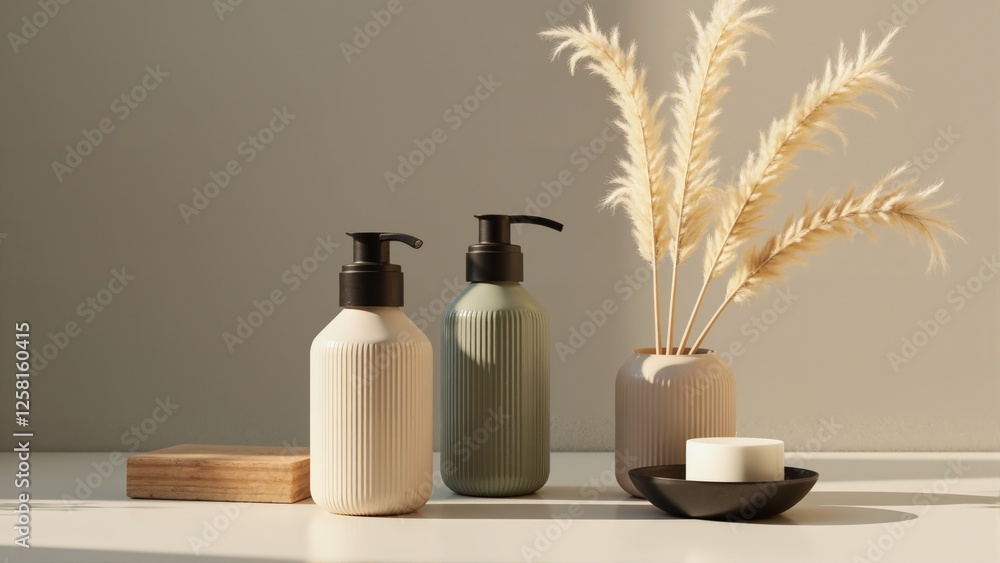 Three vases with different colors and a white soap dish. The vases are arranged on a wooden table Three vases with different colors and a white soap dish. The vases are arranged on a wooden table