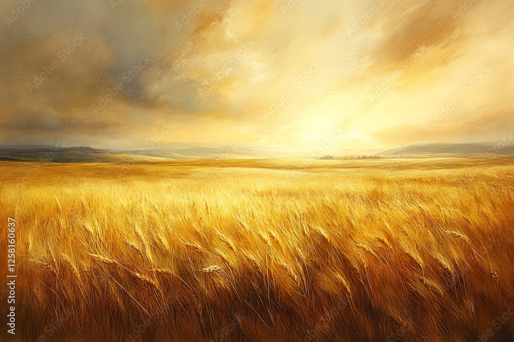 Obraz premium Golden fields under a bright sky during sunset with clouds and distant hills in the background