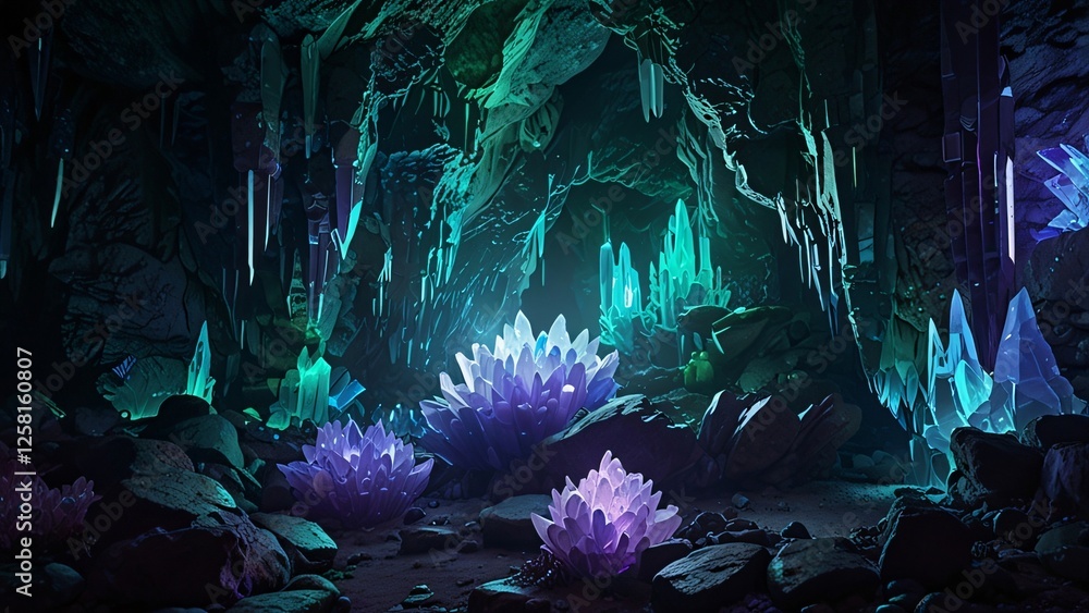 Fototapeta premium Glowing Crystals Illuminating a Mystical Underground Cave Scene