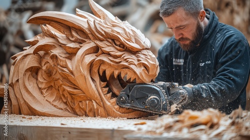 An artist carving a large wooden figure of a mythical creature using a chainsaw. The intricate details of the creature are emerging from the block of wood as the chainsaw cuts through the material photo