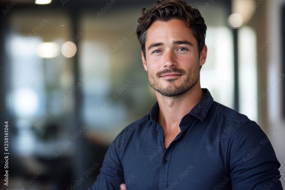 Confident young man smiling in a professional business environment with blurred background Confident young man smiling in a professional business environment with blurred background