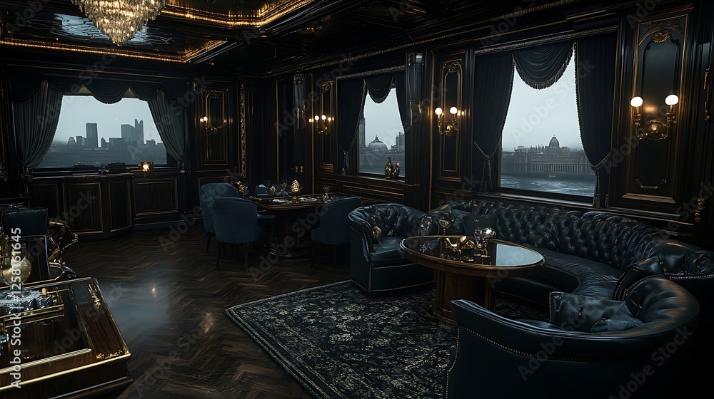 Obraz premium Opulent Luxury Interior with Plush Seating and Cityscape View at Dusk Serene Indulgence