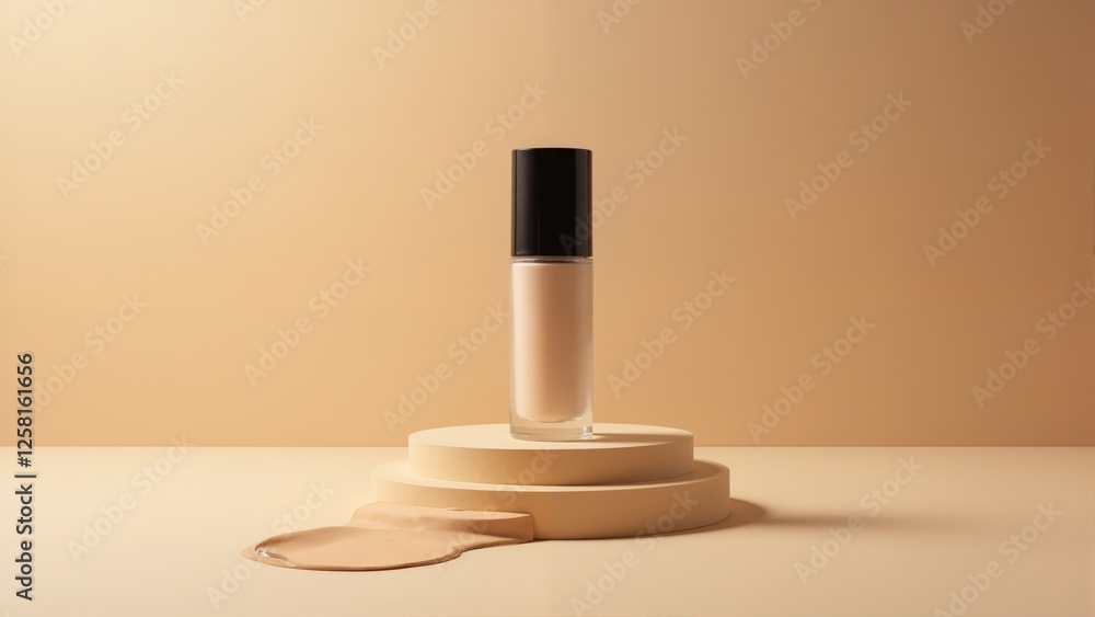 A small bottle of foundation is sitting on a pedestal, mockup, beige background A small bottle of foundation is sitting on a pedestal, mockup, beige background