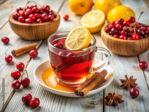 Homemade Cranberry Cinnamon Honey Tea: Healthy Antioxidant Drink in Glass Cup on White Wood