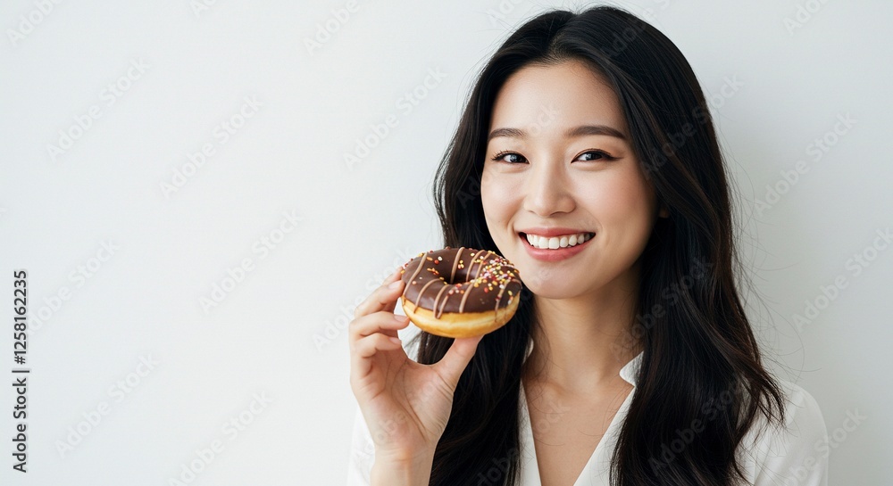 Smiling Woman Holding Chocolate Donut with Sprinkles Against White Background Smiling Woman Holding Chocolate Donut with Sprinkles Against White Background
