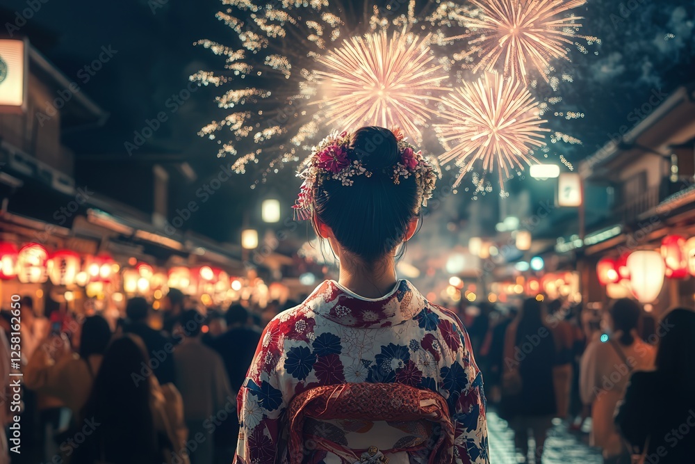 a Japanese girl in a delicate kimono, standing amidst a crowd of festival-goers, with fireworks illuminating the night sky a Japanese girl in a delicate kimono, standing amidst a crowd of festival-goers, with fireworks illuminating the night sky