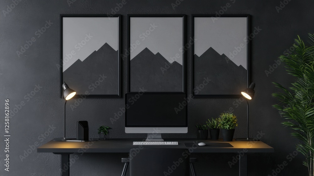 Fototapeta premium Modern Minimalistic Office Setup with Mountain Art and Greenery