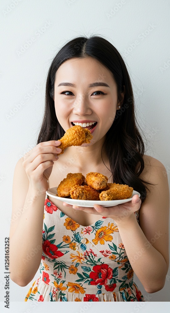Woman Eating Fried Chicken, Smiling with Plate of Crispy Drumsticks Woman Eating Fried Chicken, Smiling with Plate of Crispy Drumsticks