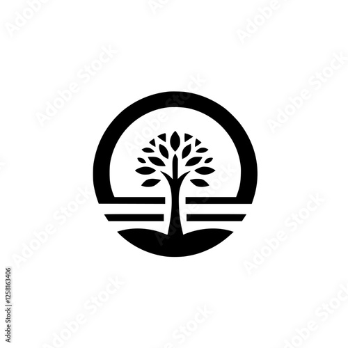 Minimalist illustration of a tree, set within a circle, representing growth.