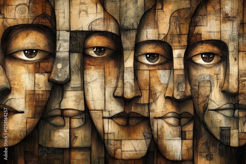 Abstract representation of human faces blended with geometric patterns in earthy tones