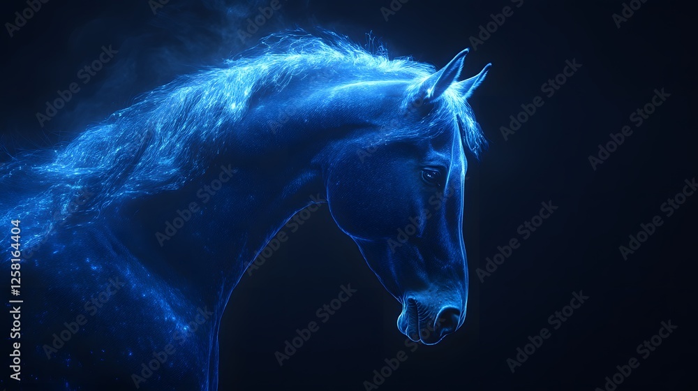 Naklejka premium Neon Blue Horse on Black Background, Abstract Image, Texture, Pattern Background, Wallpaper, Cover and Screen for Smartphone, PC, Laptop, 9:16 and 16:9 Format