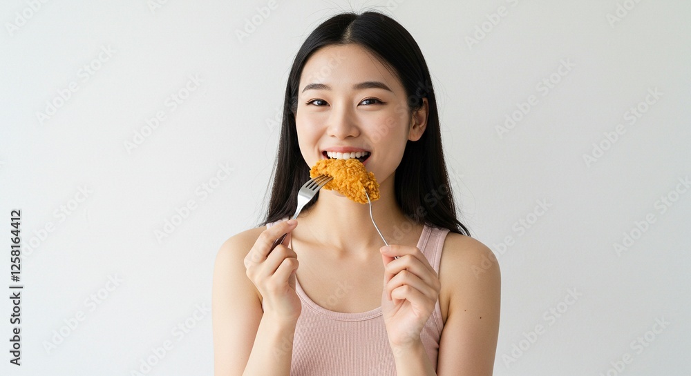 Young Woman Eating Fried Chicken Wing with Fork Against White Background Young Woman Eating Fried Chicken Wing with Fork Against White Background