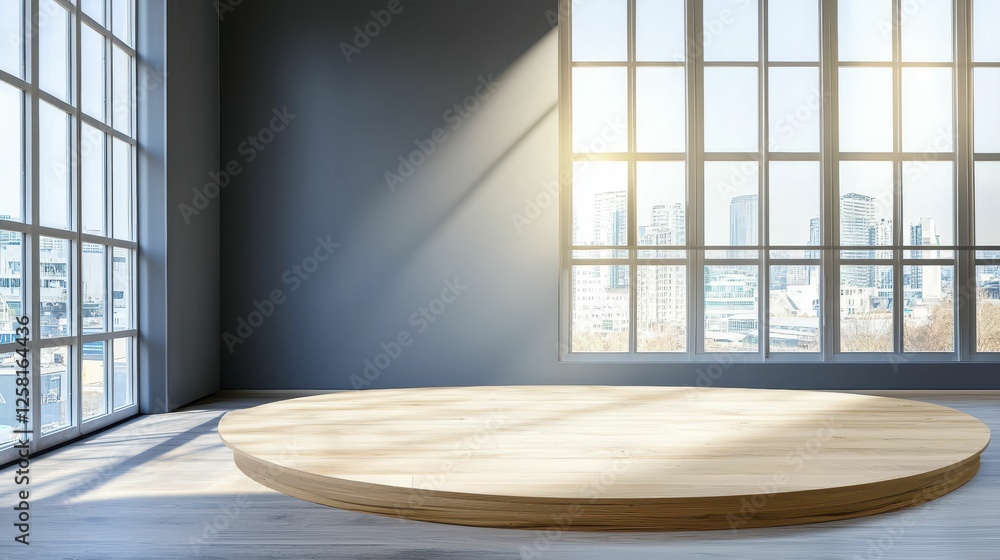 Design Empty room with circular wooden platform Design Empty room with circular wooden platform