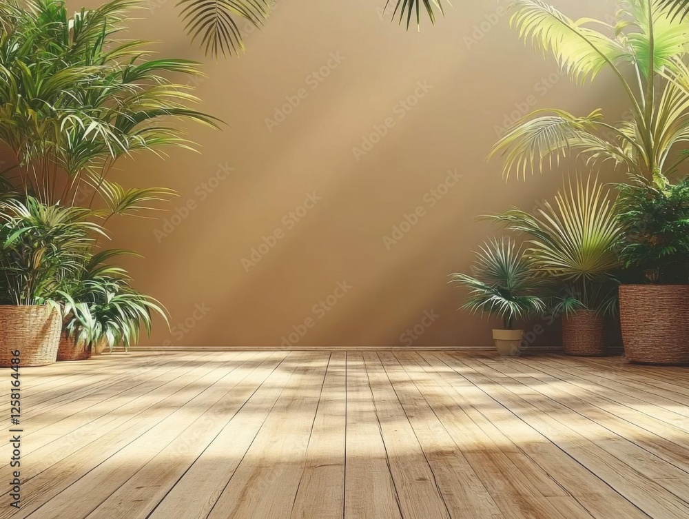 a living room with a wooden floor and tropical plants a living room with a wooden floor and tropical plants