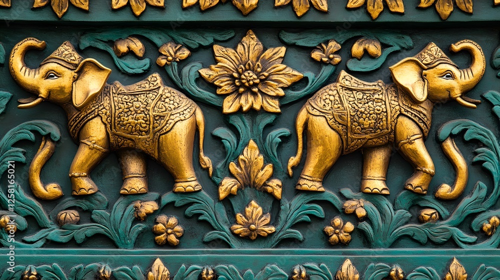 Fototapeta premium Colorful decorative panel featuring golden elephants, intricate carvings, vibrant patterns, theme of cultural artistry, suitable for print.