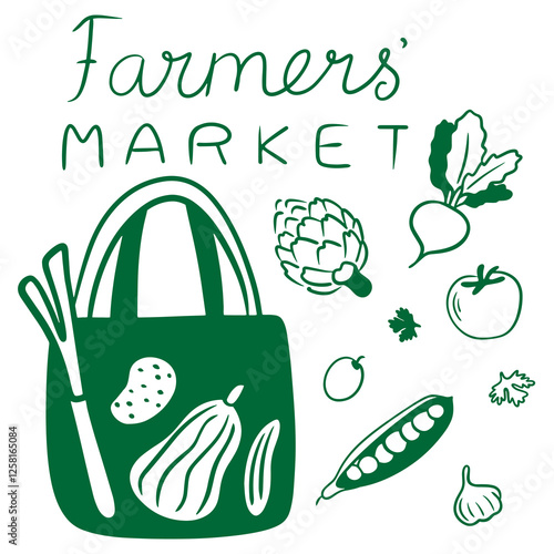 Farmer's Market: Eco Bag, Pepper, Lettuce, Potato, Cucumber, Pumpkin, Artichoke, Carrot, Beetroot, Greens, Peas. Logo or Print for Farmer's Shop, Market, Farm