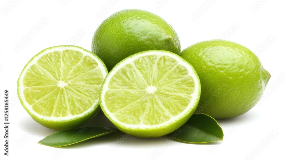 Fresh Green Limes Halved With Leaves White Background Fresh Green Limes Halved With Leaves White Background