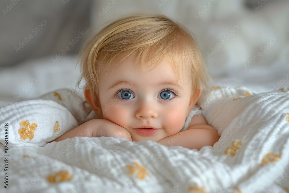 Adorable baby girl resting on soft white blanket Adorable baby girl resting on soft white blanket