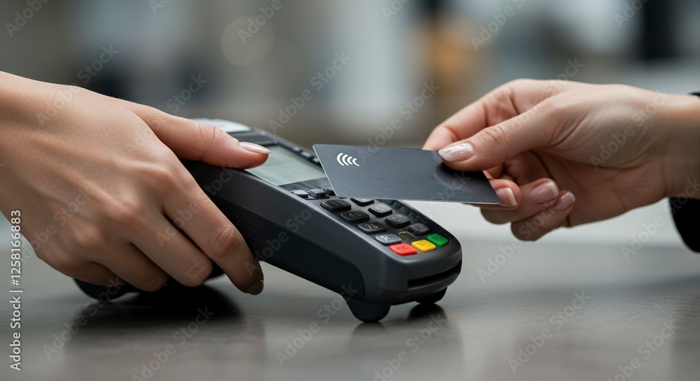 Paying with Contactless Credit Card on Pos Terminal at Checkout Paying with Contactless Credit Card on Pos Terminal at Checkout