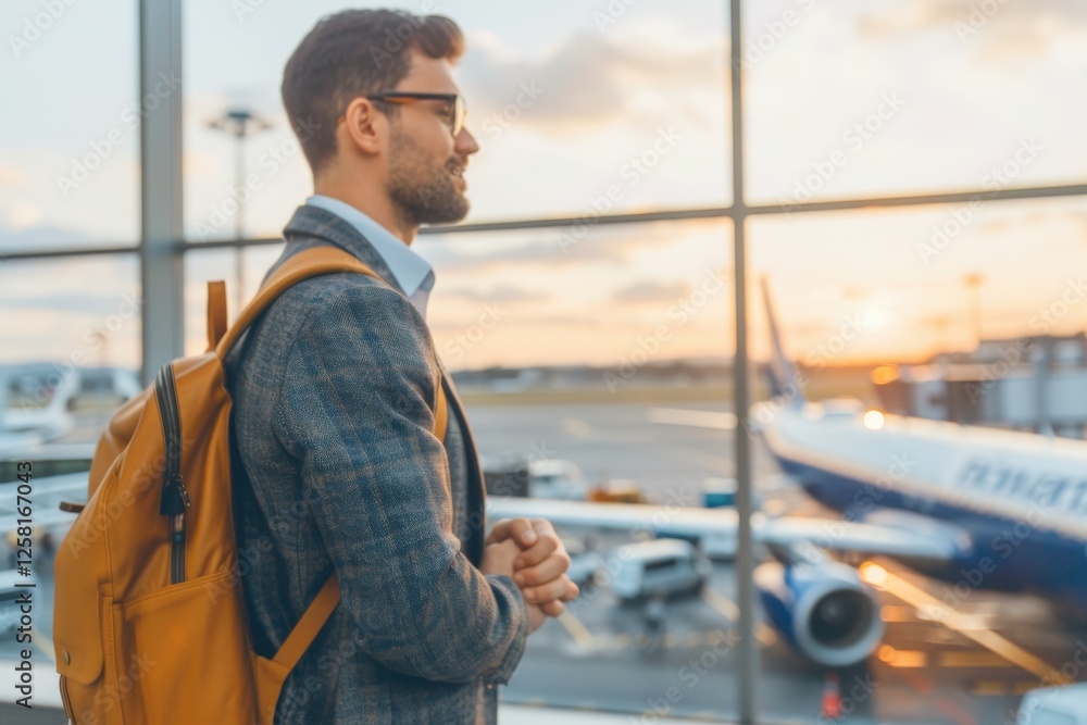 A man wearing glasses and a backpack is standing in front of an airplane A man wearing glasses and a backpack is standing in front of an airplane