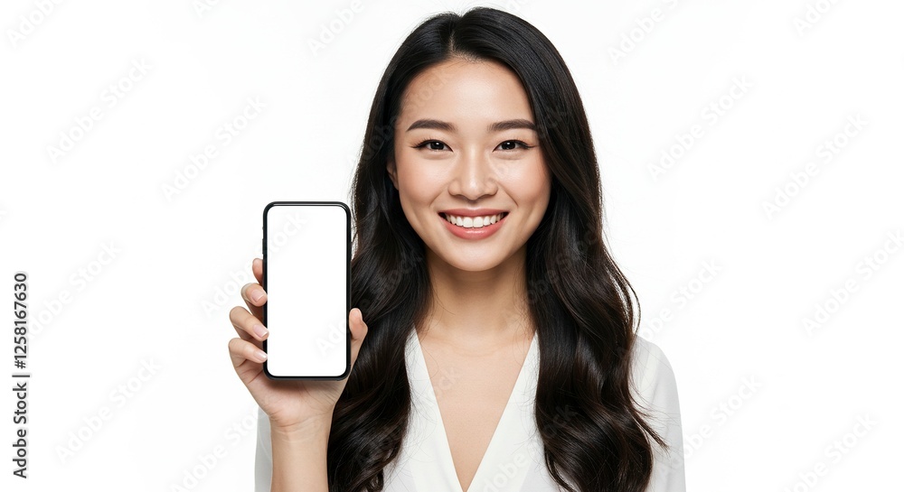 Smiling Asian Woman Presenting Smartphone with Blank Screen on White Background Smiling Asian Woman Presenting Smartphone with Blank Screen on White Background
