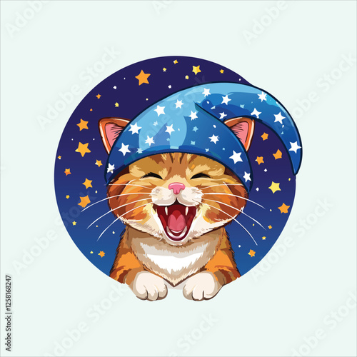 Adorable cat wearing a nightcap, yawning on a starry night sky