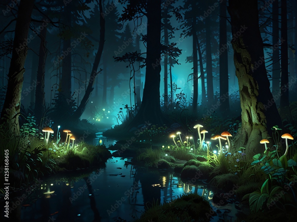 Obraz premium Serene night setting in a forest featuring luminous mushrooms and a tranquil water stream reflecting ambient light.