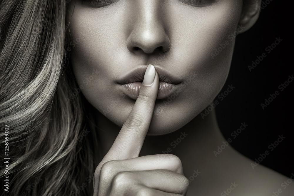 Beautiful woman with finger on lips asking for silence Beautiful woman with finger on lips asking for silence
