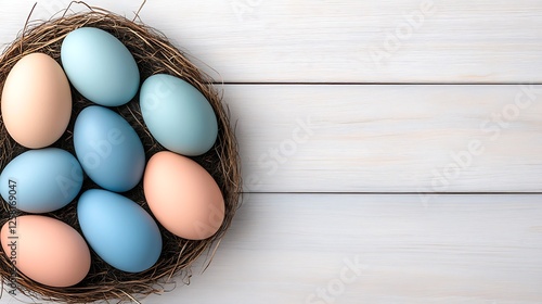 Wallpaper Mural Pastel Colored Eggs in a Rustic Nest on White Wooden Background for Easter Celebration Holiday Torontodigital.ca