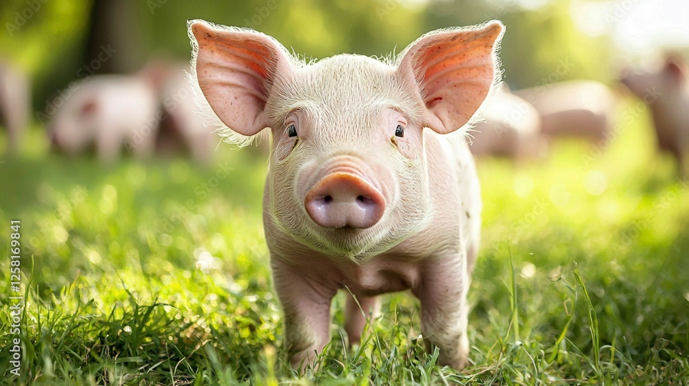 Adorable Young Piglet Stands on Green Grass in Sunny Farm Setting, Capturing the Charm and Innocence of Farm Life with Soft, Natural Lighting Adorable Young Piglet Stands on Green Grass in Sunny Farm Setting, Capturing the Charm and Innocence of Farm Life with Soft, Natural Lighting