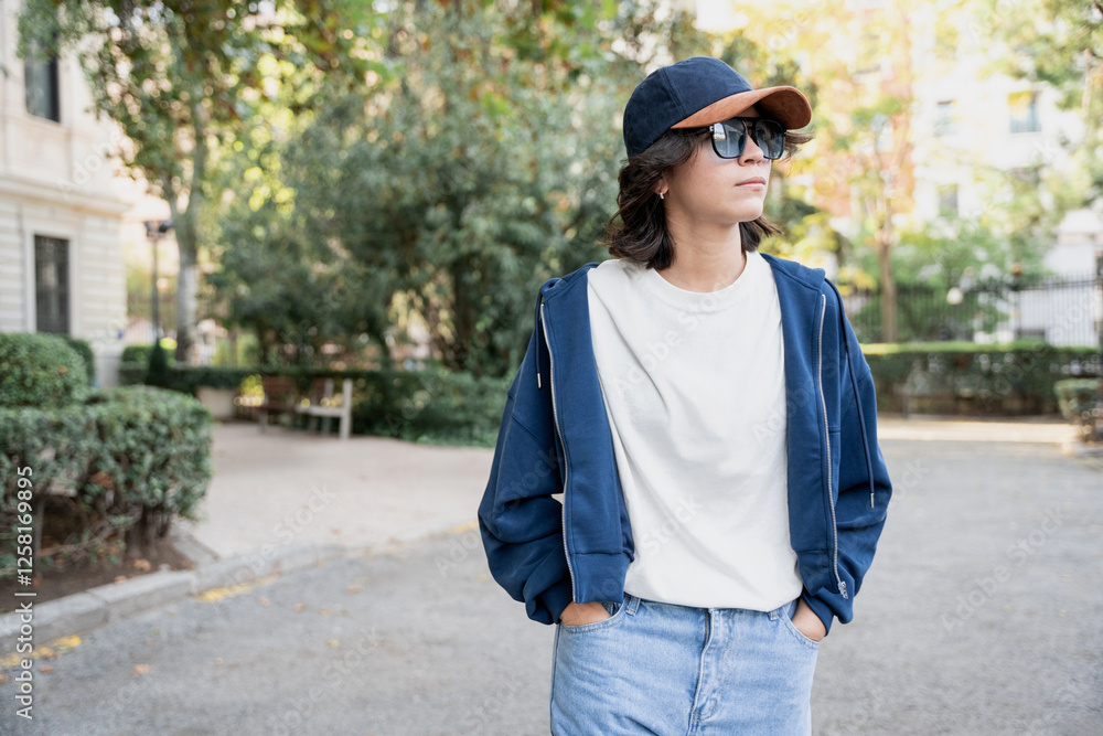Latin woman in cap, sunglasses, and denim Latin woman in cap, sunglasses, and denim