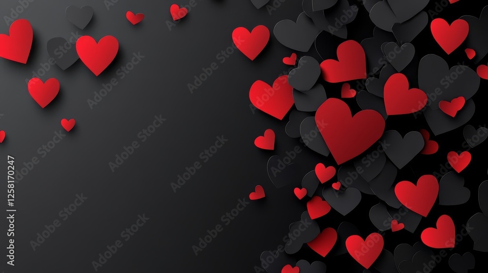 Black background with red hearts, paper cut art style, black and dark gray tones, simple composition, minimalist design, high resolution, high quality, high detail, high definition Black background with red hearts, paper cut art style, black and dark gray tones, simple composition, minimalist design, high resolution, high quality, high detail, high definition