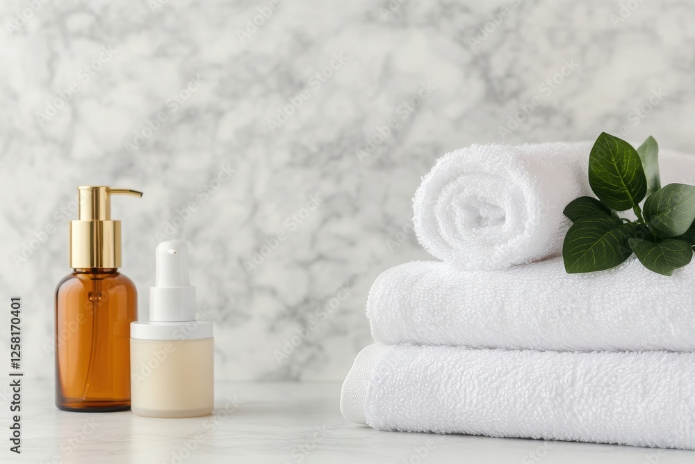 A tranquil scene featuring towels, skincare products, and leaves set against a marble background, perfect for spa or self-care themes. A tranquil scene featuring towels, skincare products, and leaves set against a marble background, perfect for spa or self-care themes.