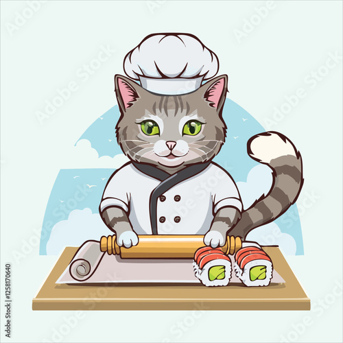 Cat dressed as a sushi chef, rolling a sushi roll