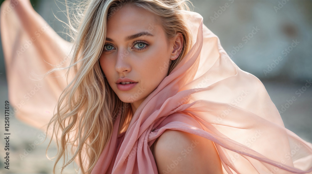 Beautiful blonde fashion model posing with a flowing pink scarf, creating a dreamy and elegant atmosphere Beautiful blonde fashion model posing with a flowing pink scarf, creating a dreamy and elegant atmosphere