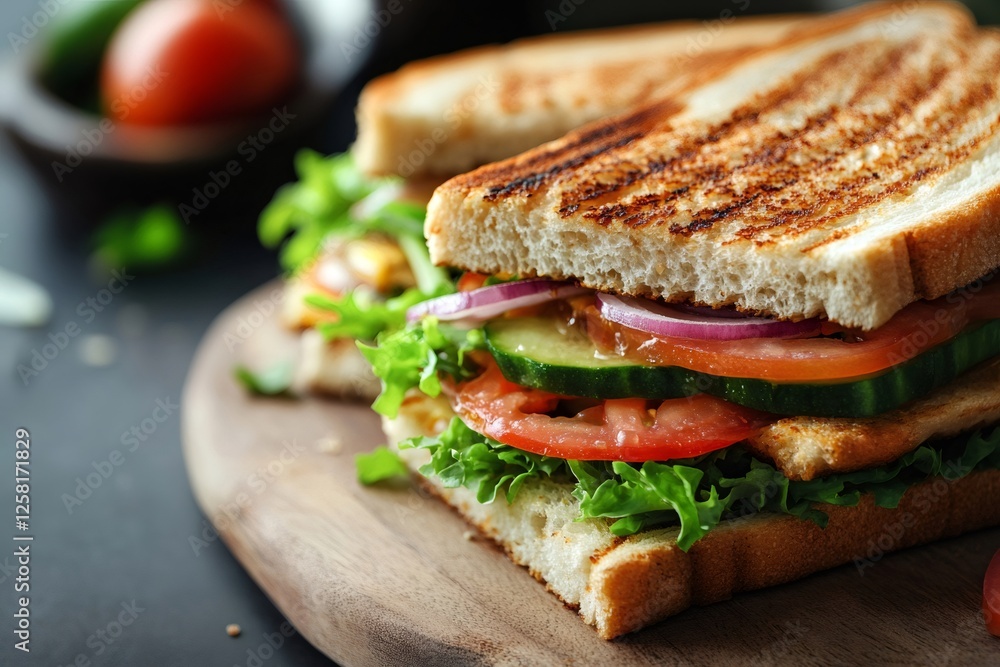 Toasted sandwich showing lettuce, tomato, cucumber, and red onion on wooden cutting board Toasted sandwich showing lettuce, tomato, cucumber, and red onion on wooden cutting board