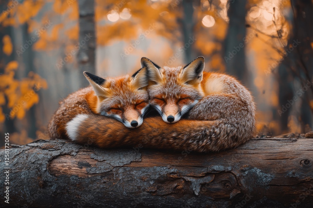 Obraz premium Two red foxes cuddling on a log in an autumn forest, a heartwarming scene of wildlife.