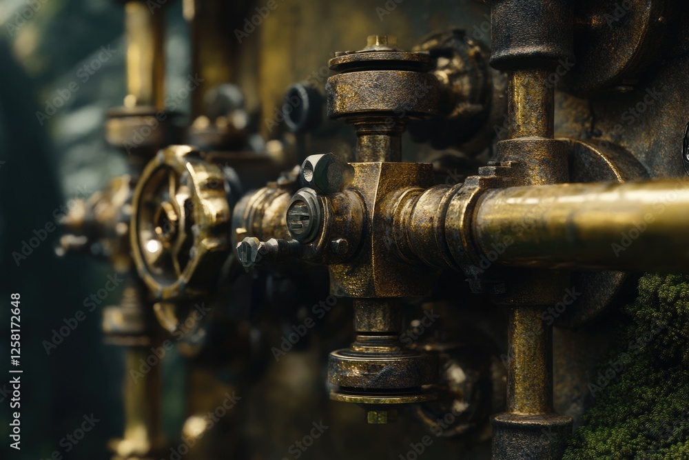 Close-up of intricate steampunk-inspired brass and bronze machinery with aged textures. Close-up of intricate steampunk-inspired brass and bronze machinery with aged textures.